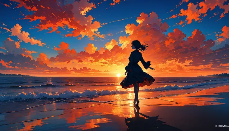 This image is、It depicts the silhouette of a girl standing against the backdrop of a beautiful sunset.。. The sky changes from dark orange near the horizon to dark red as it rises. The person is、 This image 。, Some are illuminated,  creates a stunning and e...