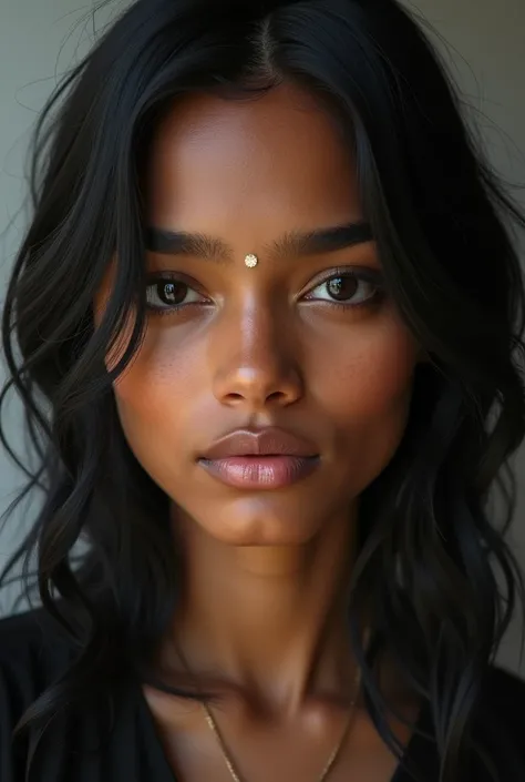 a model with dusky skintone beautiful eyes , indian features , a bit sharp nose , confident features black hairs, a bit gen-Z, thin upper lip ,not boney not chubby