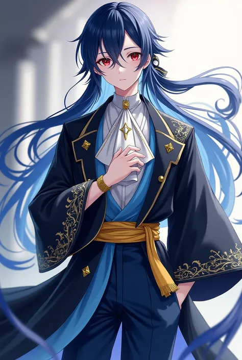 A quiet anime young man with sharp red eyes represents long indigo hair tied to a black ribbon  , He has fair skin and wears all the beautiful and luxurious black fantasy clothes, such as the clothes of the nobles, represented by a short Nilya, half indigo...