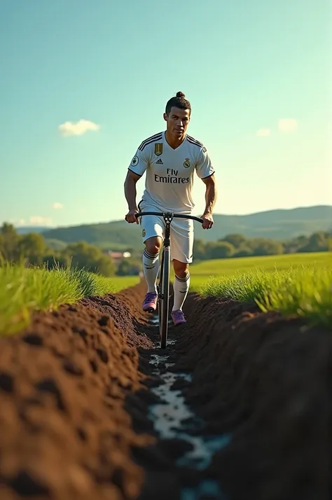 Ronaldo is plowing the field wearing real Madrid jeisey 