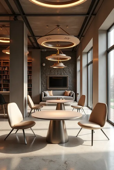 Professional 3d architecture rendering design of modern and minimal and high tech and industrial design for  boy’s library with  modern and industrial light steel chair’s legs and cream Leather and steel tables similar pyramid and triangle and circular  an...