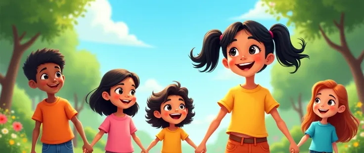 Illustrate a book cover in a Disney Pixar-inspired cartoon style. Position the main character, Asih, an  girl with black hair in pigtails, on the right side of the frame. She wears a bright yellow shirt and stands joyfully holding hands with her friends—bo...