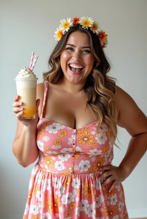 A cheerful, close up shoot of an caucasian expressive plus-size woman wearing mini floral dress, and floral headband striking a cool and confident, holding a milkshake drink, pose against a clean, isolated background. The setting is brightly lit with soft,...