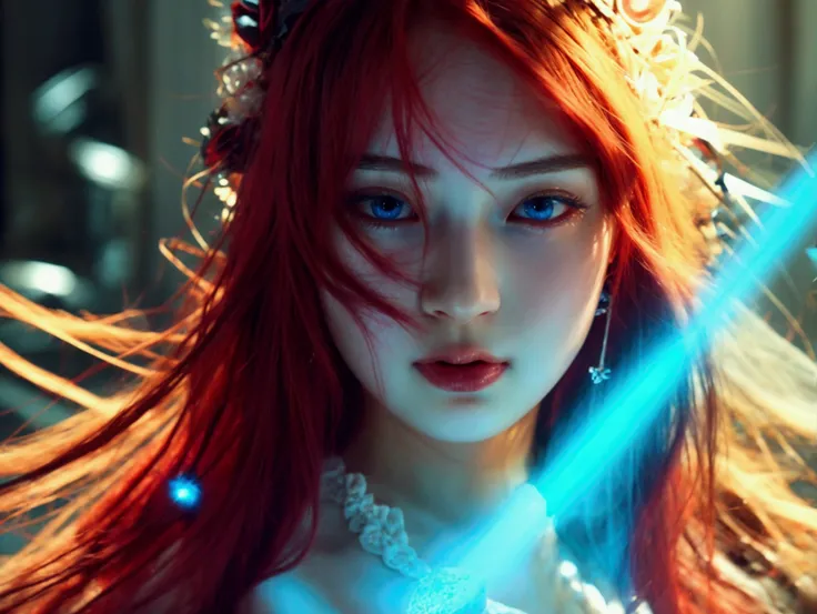 1 beautiful girl, long red hair, black eyes, white skin, casual dress, cute facial expression, holding blue big wand