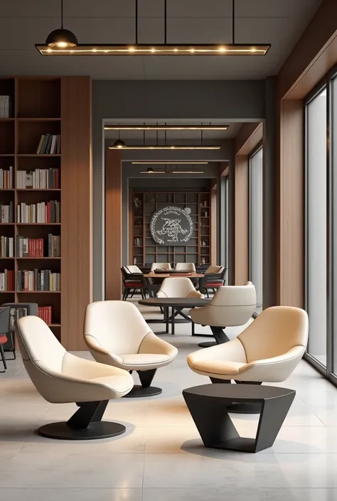 Professional 3d architecture rendering design of modern and minimal and high tech and industrial design for  boy’s library with  modern and industrial light steel chair’s legs and cream Leather and  the chairs similar circle and triangle and pyramid  and c...