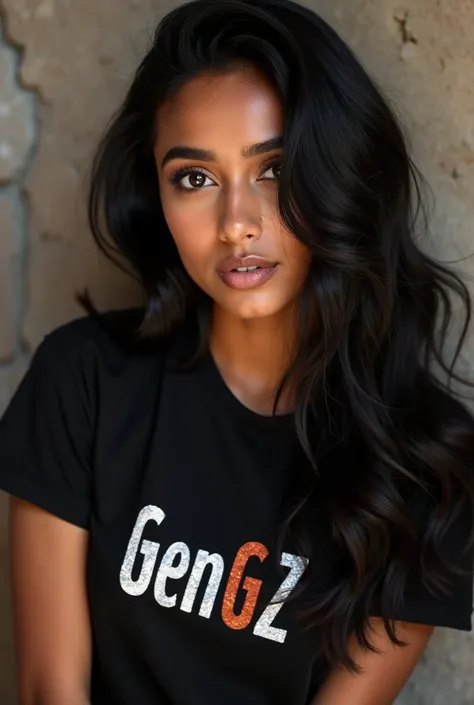 a model with dusky skintone beautiful eyes , indian features , a bit sharp nose , confident features black hairs, a bit gen-Z, at a photo shoot of t shirt brand "GeNGz" 