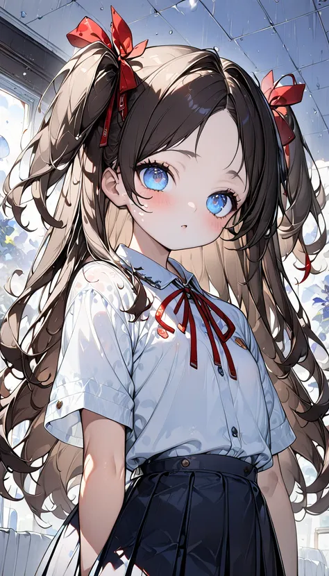 cute魅力的な幼い少女、 elementary school students、 ((( ultra high resolution、 Ultra High Definition、Highest Settings、 High Quality、 Supreme Masterpiece、８k、)))、Small breasts、Young face、cute、(( white underwear))、((( dark blue pleated skirt 、 white shirt、 red ribbon、)...