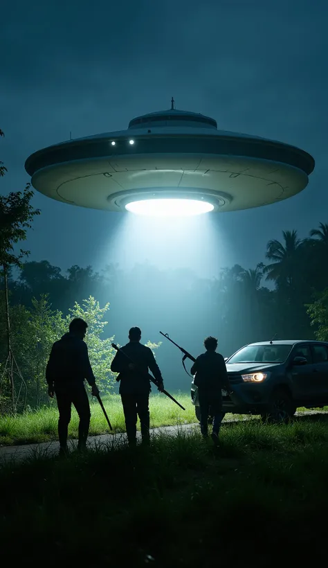 "A massive flying saucer with a blinding white light underneath it hovers low above three hunters carrying rifles and wearing headlamps. They cautiously move through trees and bushes in the nighttime grasslands, their tense expressions visible. At the edge...