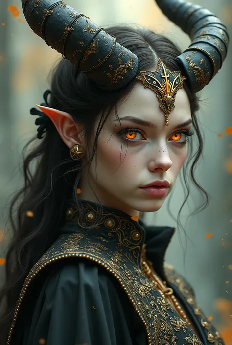  woman dressed in demon attire, in the style of light gray and light gold, vibrant illustrations, intricately sculpted, realistic hyper-detailed portraits, white and amber, queencore, depicts real life --ar 3:5 --v 6.0