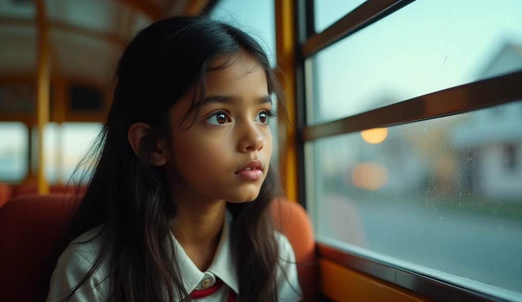 a  indian rooted girl sitting on window seat of school bus, extremely detailed face, beautiful detailed eyes, beautiful detailed lips, extremely detailed skin, beautiful long hair, school uniform, looking out window, hyper realistic, 8k, highres, masterpie...