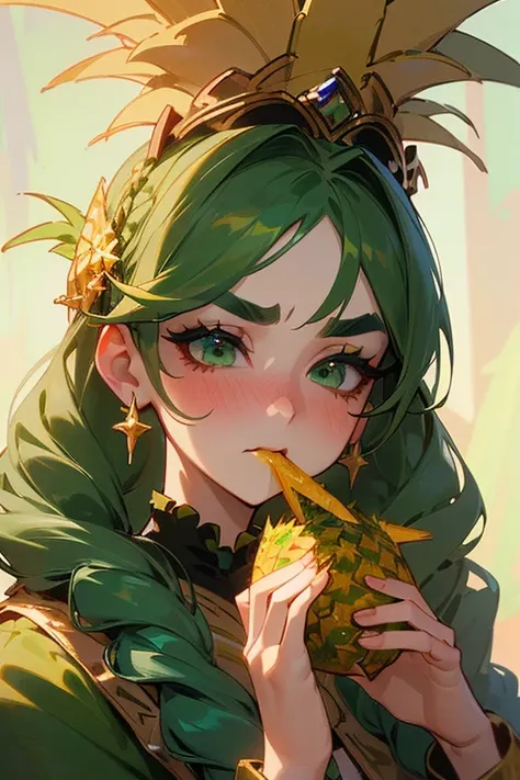 (   best quality , masterpiece:1.2),      very detailed and realistic:1.37,      fantasy,  Illustration, green eyes、     queen     , Platinum decoration、beautiful、(  eyeshadow red   、     thick eyebrows、     Long eyelashes、       her hair is dark green 、Go...