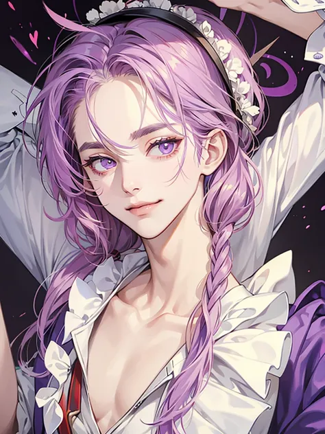 boy, with purple eyes, baige cream hair. wear alice in wonderland outfit, he so arrogant, sadistic, handsome, big eyes. sadistic eyes. he teenager. sadistic smile, thin