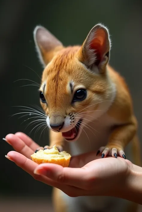 animal_focus, realistic, leaf, animal, no_humans, holding, blurry, eating, looking_at_viewer, food, on human hand