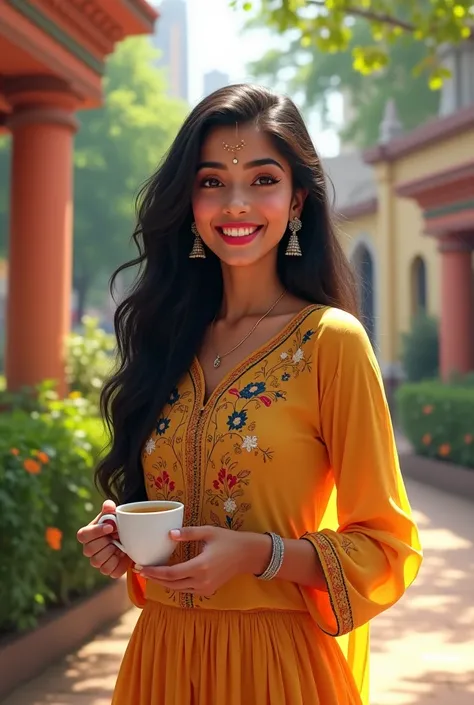 A 23-year-old Indian girl with a cheerful and youthful aura, her long, wavy black hair cascading over her shoulders. She wears a stylish yet traditional kurti with intricate floral embroidery paired with matching leggings, blending modernity with cultural ...