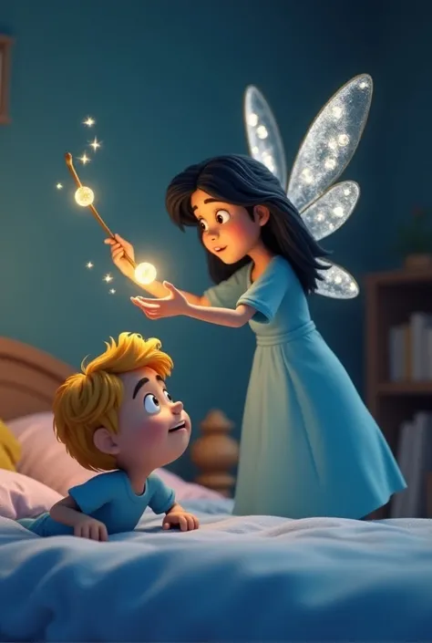 A 3d cartoon " A 10year boy having golden hairs ,wearing blue night suit watched in astonishing mood laying  on his bed at night and watched  a big grey girl woman fairy with long black hairs and long grey pearl gown were on his bed who have his crystal wi...