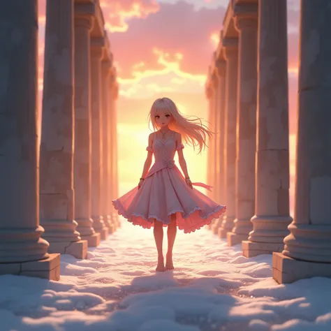 hy0g4c1sn in greek temple, ((anime:0.8)), looking at camera, photoshoot, best quality, ice on the ground, distant shot, agressive pose, great view, depth of field, masterpiece, detailed face, detailed eyes, sunset, natural light, (low angle:1), (full body:...