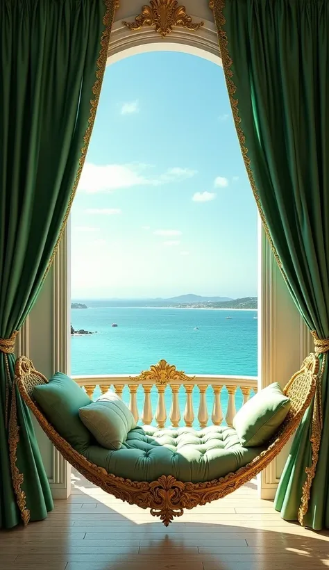 An opulent seaside room with a luxurious green and gold theme. The scene features ornate, embroidered drapes in green and gold framing a large window with an ocean view. A decorative hammock made of lavish fabric in shades of green and gold hangs in front ...