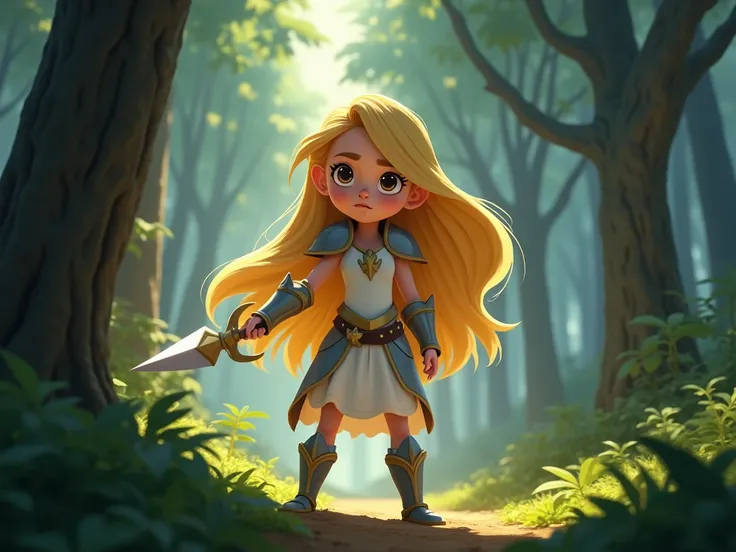  image for the cartoon story of YouTube videos in Pixar format. A scene in the forest ,  Fight with fears :  Aurelia is a girl about  with long blond hair,  dressed in a light white dress .  dressed in armor made of light , resists horror,  who are trying ...