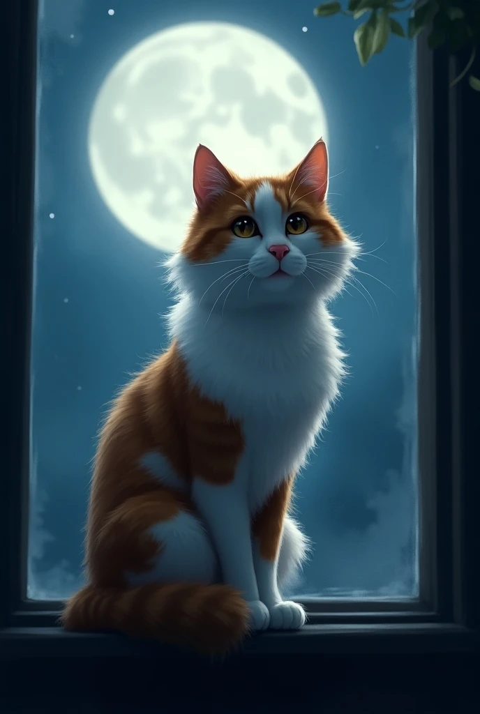  theres a cat standing on the window sill , Calico, Calico cat,  shes facing the camera, Female cat with white and brown chest hair , She is about  ,  is looking sideways,  shes watching us ,  is looking sideways, Very silly looking,  The !,   slapped  , B...