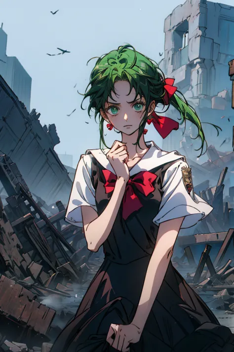 high-quality image of a young woman with green eyes and dark green hair, her expression a mix of fear and determination. she wea...