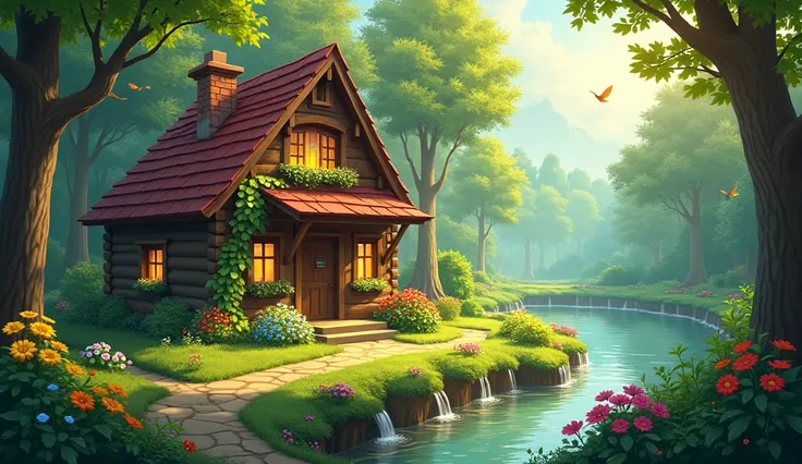 A beautiful tiny little cozy cottage near the stream in  the forest,bright sunny day with birds are flying, butterflies 