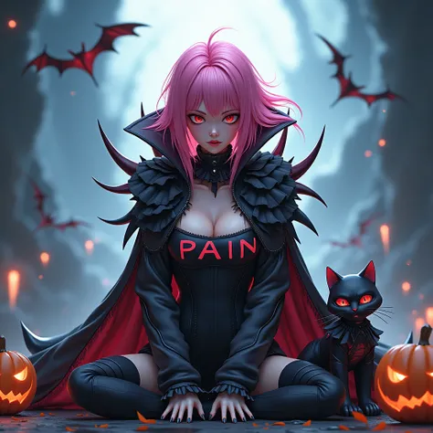 A 3d anime woman, pinkish hair, had a scary costume, cool background, had a cat with a costume, have a jack o lantern, with a name on her costume "Pain" with a big font