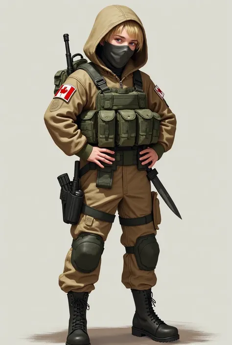 create a young blonde soldier with hood and mask in light brown camouflage uniform with hands on waist flag of canada on arm knife on waist