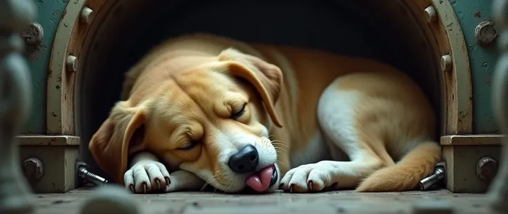 A dog sleeping in the ship wierdly oped mouth and dont have tounge 