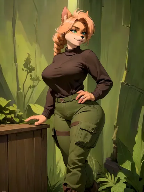 a furry anthro bandicoot girl,redhead braided hair,beautiful detailed green eyes,sexy seductive expression,warm sweater,camoufla...