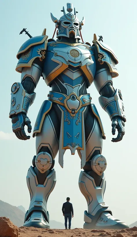 This years photo is a 16k remote image of a 2m tall man standing in front of (7m tall steel figure full body of a futuristic ancient Chinese warrior, Inspired by((transformers)), blue and white ,  Gold and black details . The Chinese dragon logo on the che...