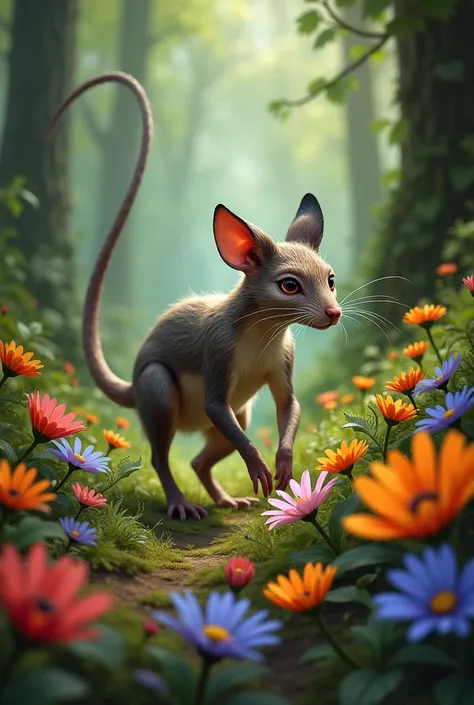  The cunning rodent has the slender body of a fox with the tail and ears of a rat. He sneaks through a thick forest ,  surrounded by colorful flowers .