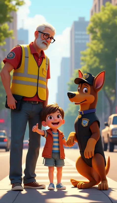 Max( German Shepherd, Sleek, muscular build with a shiny black and tan coat, Bright, expressive brown eyes, A small traffic police vest with reflective stripes, A cute police hat slightly askew on his head) and a friendly crossing guard (an elderly man wit...