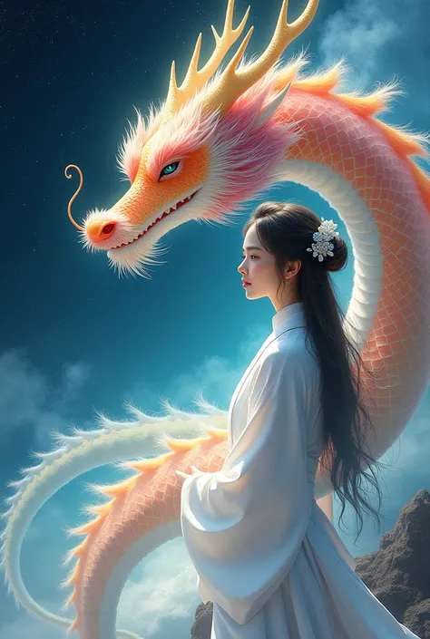 masterpiece,  best quality,Japanese Dragon God、白い着物に身を纏う清潔感のある巫女とJapanese Dragon Godの虹色の龍、The fur is fluffy、Sparkling eyes、The background is space、 smiling gently 、Long and slender body