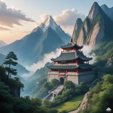 1️⃣ Chinese-style architecture, mountain peaks with clouds and mist in the background, temple buildings atop mountains, surrounded by trees, high-definition photography, high resolution, movie poster, fantasy world, Chinese elements, mystery, high level of...