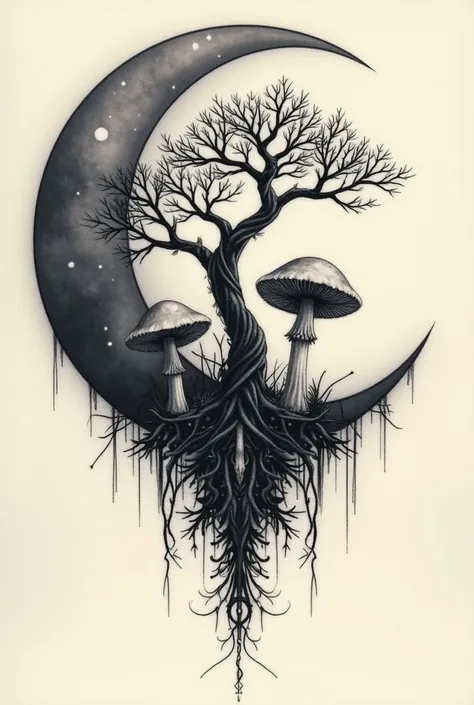 Tattoo the base is a half-moon , with a tree of life and haluxinogenic mushrooms inside