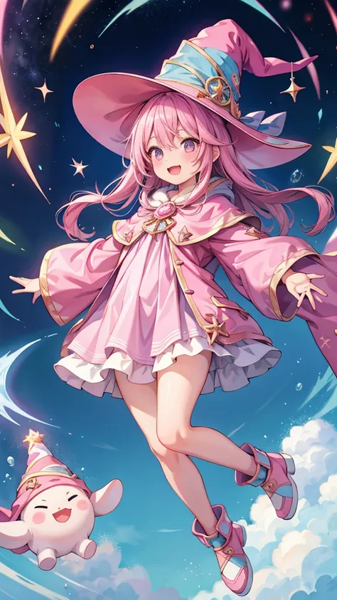   best quality、  one girl 、  full body、baby face、  open your mouth and laugh 、 cute eyes from the right 、Pink wizard outfit 、 wizard hat 、Wizard&#39;s wand、 drip white liquid from crotch、 out of your belly button、Light blue striped panties 、 Kudelia Aina B...