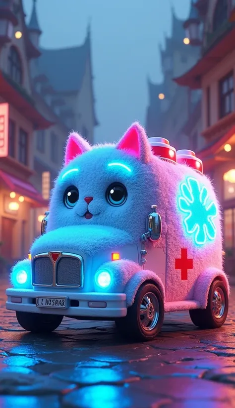 Create a whimsical scene featuring a cute, fluffy cat-themed ambulance bus  with large, expressive eyes and full body bright blue  led lights and wheels are in blue  and pink led lights, colorful design in soft knitted form like blanket running on motion. ...