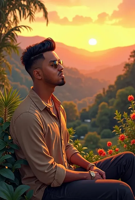 A Mexican American 5’6 man with pompadour goatee hairstyle, gold round sunglasses, light brown shirt, black joggers  small gold chain around his neck, sitting down and watching a garden with a sunrise from the hills