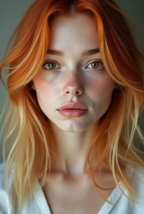  Create an image I want .one similar to me , white pele, striking look,  big eyes in light brown
With round face ,  prominent cheeks with dimples on each cheek
With medium to long red hair with a light golden blond ombrehair
