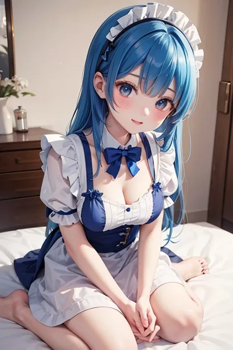  maid clothes、Rub your breasts with both hands、anime、 Beautiful Girl、Blue Hair