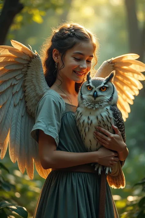 A breathtaking photo of a  embracing a majestic, vibrant owul, a rare and enchanting hybrid creature with the grace of an owl and the playful charm of an owl. The owul has large, captivating wings adorned with iridescent feathers in shades of silver, gold,...