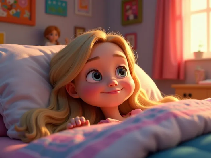  image for the cartoon story of YouTube videos in Pixar format.  Aurelia is a girl about  with long blond hair, lying in bed in the morning she just woke up