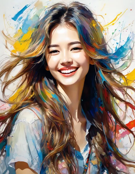 Young long-haired female singer, her face is cheerful, Bust photo，Oil painting lines，Messy quest lines，Super delicate，vivd colour，