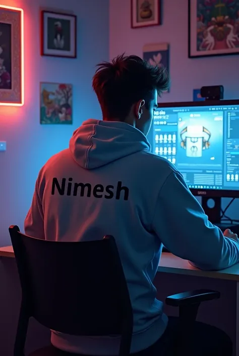 Nimesh කියල නම ගහපු ඇදුමක් ඇදන්. පිරිමි ලමයෙක් පාඩම් කරනවා.. මේසේ උඩ gaming computer එකක් තියනවා 
Nimesh කියලා ඇදුමේ ගහල තියෙන්න අවශ්‍යයි.
බිත්තියේ පැත්තකින් forever 🍄B කියලා ෆොටෝ එකක් තියනවා 
බිත්තියේ තියන ෆොටෝ එකෙ B අකුරත් තියෙන්න ඕනේ 

B අකුර සහ 🍄 තියන්...