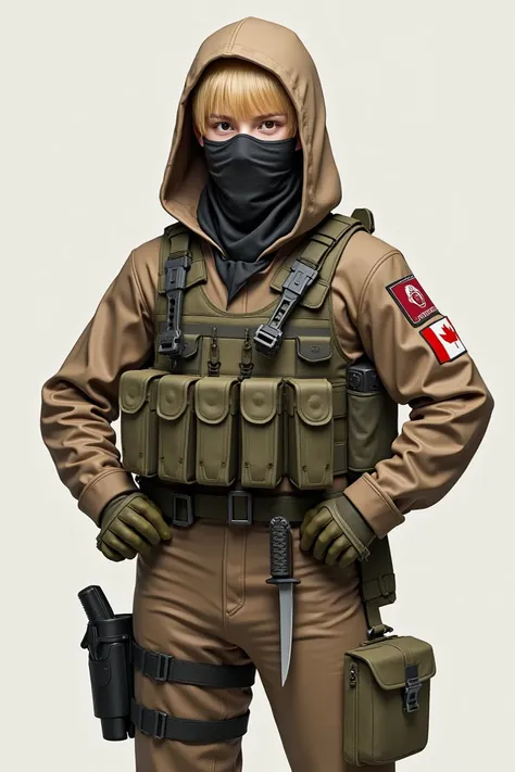 create a young blonde soldier with hood and mask in light brown camouflage uniform with hands on waist flag of canada on arm knife on waist