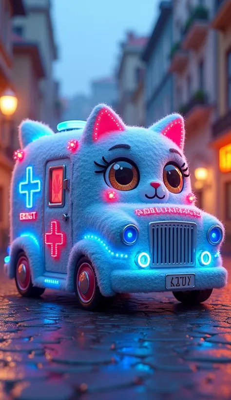 Create a whimsical scene featuring a cute, fluffy cat-themed ambulance bus  with large, expressive eyes and full body bright blue  led lights and wheels are in blue  and pink led lights, colorful design in soft knitted form like blanket running on motion. ...