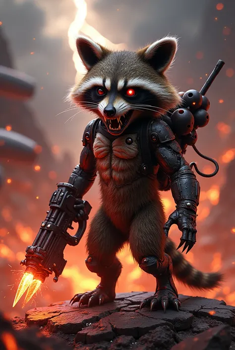 **Prompt**: "Rocket Raccoon transformed into a grotesque, demonic version of himself, his small, agile body now a horrifying mix of decayed flesh, exposed machinery, and dark energy. His fur is patchy and singed, revealing rotting, grayish skin beneath, wi...