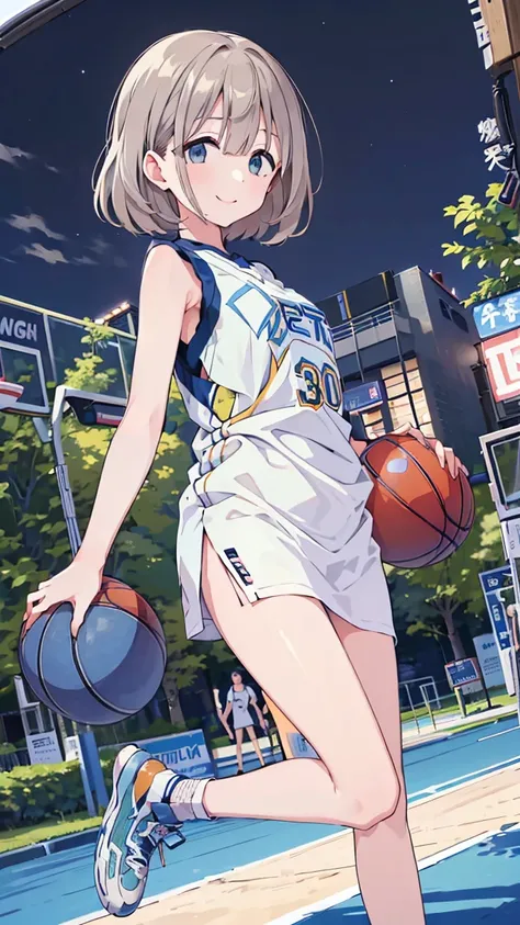 masterpiece,  best quality,  Hi-Res,  very detailed,(((Serizawa Asahi ))), ((( basketball))), (((Around town))), (((night))), (((Basketball court))), (((smile))), ((( basketball shoes ))), 