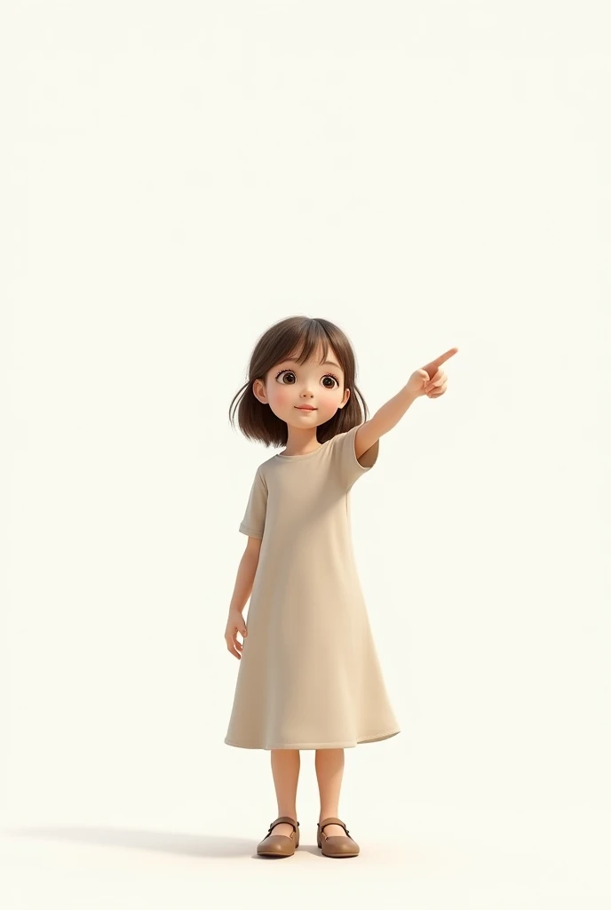 on a white background, a girl points at something with the index finger of one hand