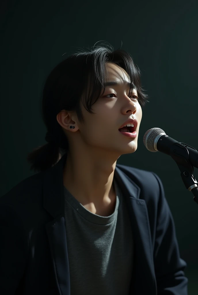 (Photorealism:1.2), a young asian man,  with pigtails ,  dark background ,  is singing , In the studio 